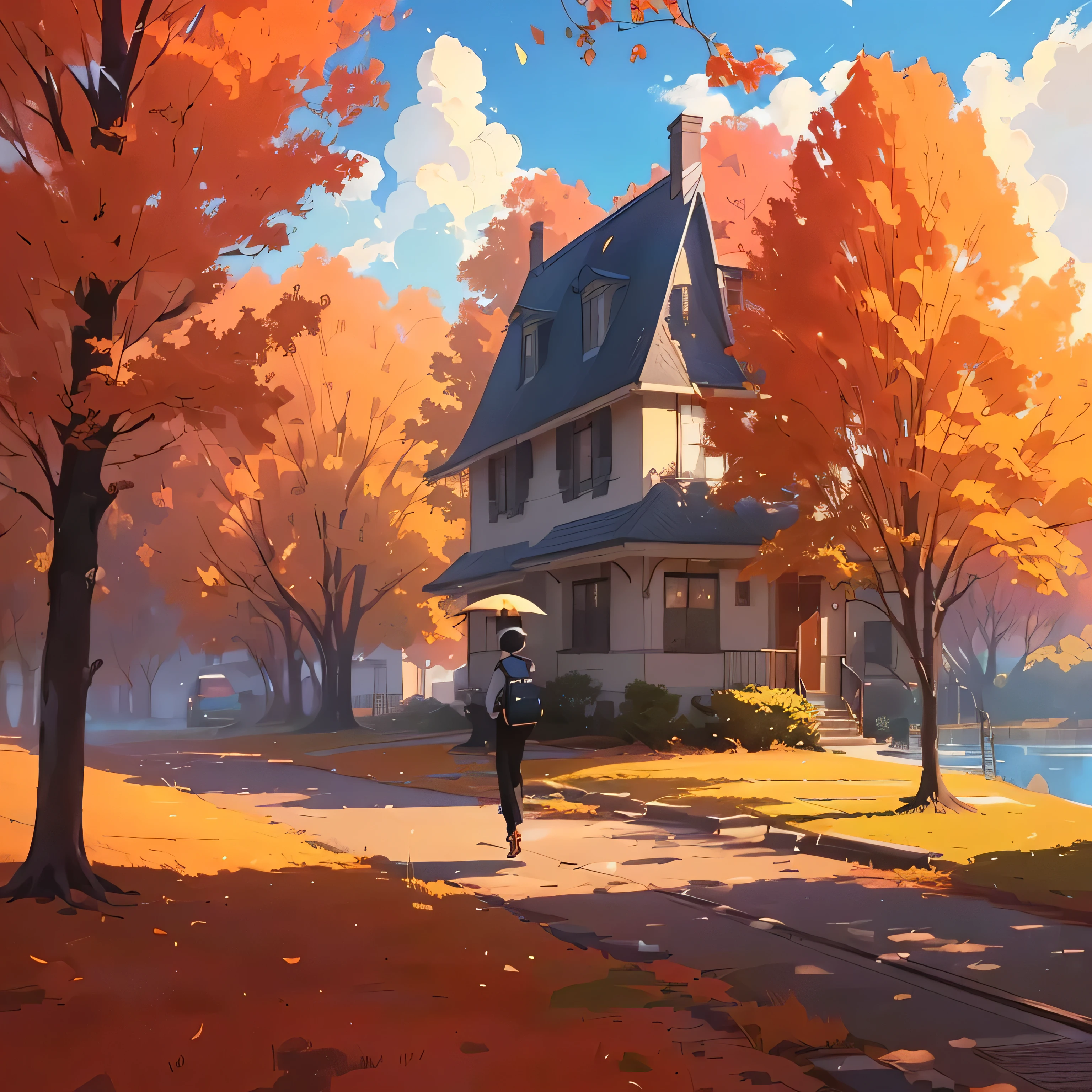 a painting of a person walking down a path in front of a house, by sylvain sarrailh, inspired by Atey Ghailan, in style of atey ghailan, by Atey Ghailan, ross tran. scenic background, atey ghailan 8 k, by Goro Fujita, inspired by sylvain sarrailh, anime background art
