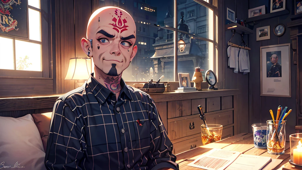 Pixar style image with 3d Disney character, with a bald man tattooing his eyebrow, dirty, domineering look.