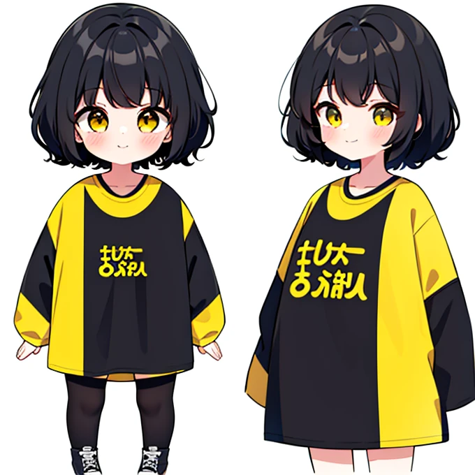 1girl, soght yellow eyeliner, sparkling light yellow eyes，((white background))，((short perm black hair))，smile，yellow t-shirt，big Smile，standing alone，fullcolor, highest detailed, full body