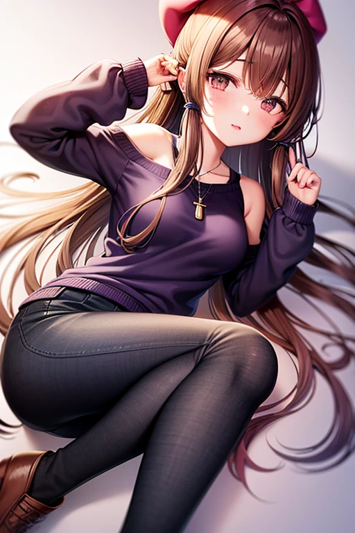 Yuzuki Yukari vocaloid girl dark brown hair purple locks open light brown eyes light purple sweater rabbit print light lilac shirt blue jeans long brown boots gold cross necklace purple headband looking directly at viewer on a pink background