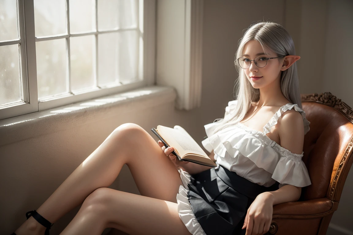 cute angelic face, (()), 1 female elf, smile, ((sitting beside window)), (sipping tea), (open books on table), (waist length silver hair), (eyeglasses), wearing ((white ruffle blouse)) and ((black skirt)), (medium breast), blue eyes, (soft backlighting), realistic, masterpiece, highest quality, lens flare, shade, bloom, [[chromatic aberration]], by Jeremy Lipking, by Antonio J. Manzanedo, digital painting, UHD