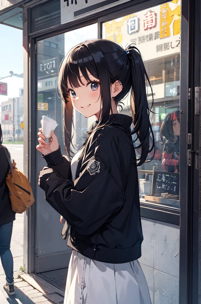 (Pretty sister:1.3)、happy face,spring atmosphere、one piece、Daytime、Golden-black hair、university student、pigtails hair、holiday、Okabo Hair、Lunch