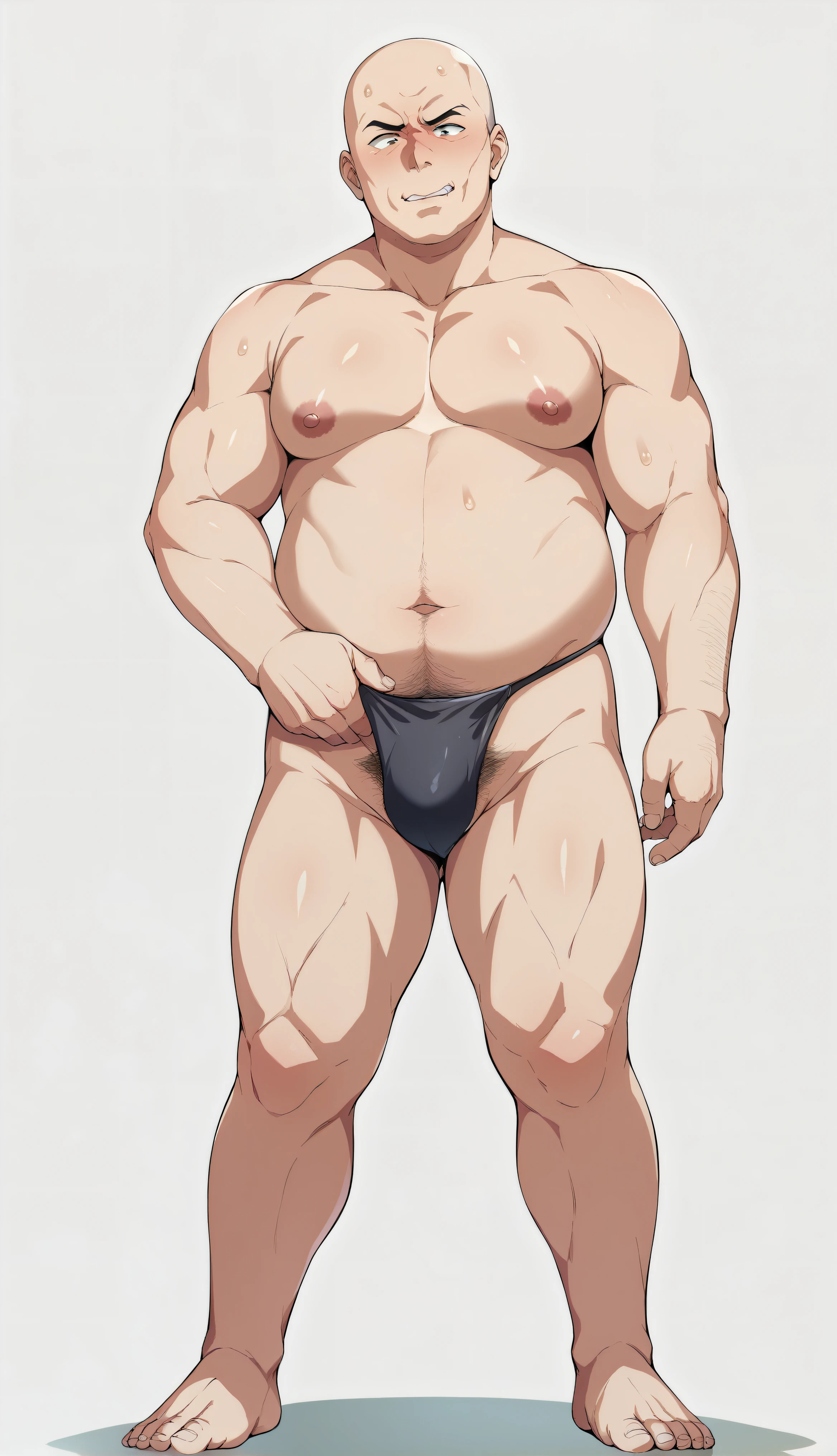 Ultra-detailed illustrations、Ultra-precise expression、masterpiece、Highest quality、ultra High resolution、High resolution、Hiromitsu Takeda Style、White background、Simple Background、stand、Character portrait、whole body、Black Swimsuit、One fat old man、Bald Head、solo、No Face、barefoot、erection、Bulging crotch