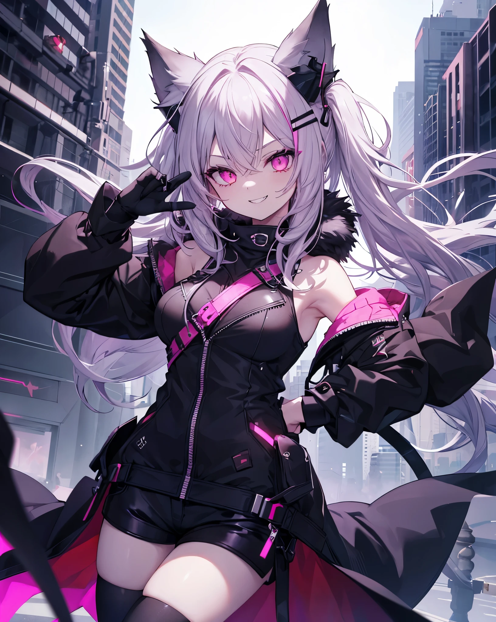 1girl, cat ears, neko ears, She's jumping off a skyscraper.solo, sharp_teeth, teeth, hood, pink_eyes, open_mouth, horns, smile, long_hair, ring, hood_up, gloves, looking_at_viewer, black_gloves, glowing_eyes, jewelry, fur_trim, glowing, hair_between_eyes, fingerless_gloves, building, grey_hair, (neon), (evil smile:1.4), evil . Cute smile with vampire canines, fox tail. Very Dynamic and cinematographic shot,8k.
Bare shoulders, sexy shorts, she's flirting.