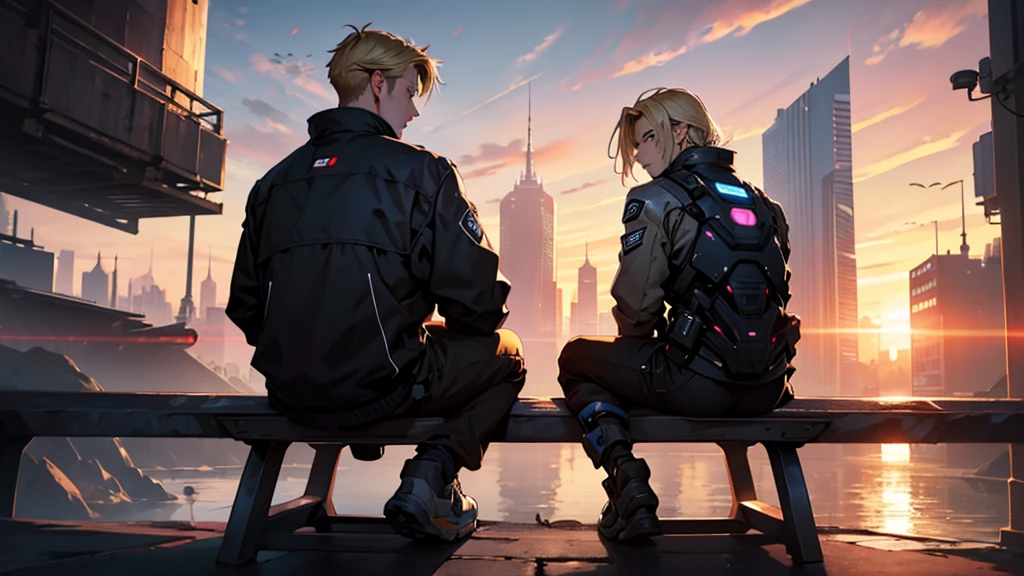 Two men sitting with their backs facing a sunset. The first individual with dark hair and the second individual with blonde hair, both with worn clothes.. in the background a futuristic city.