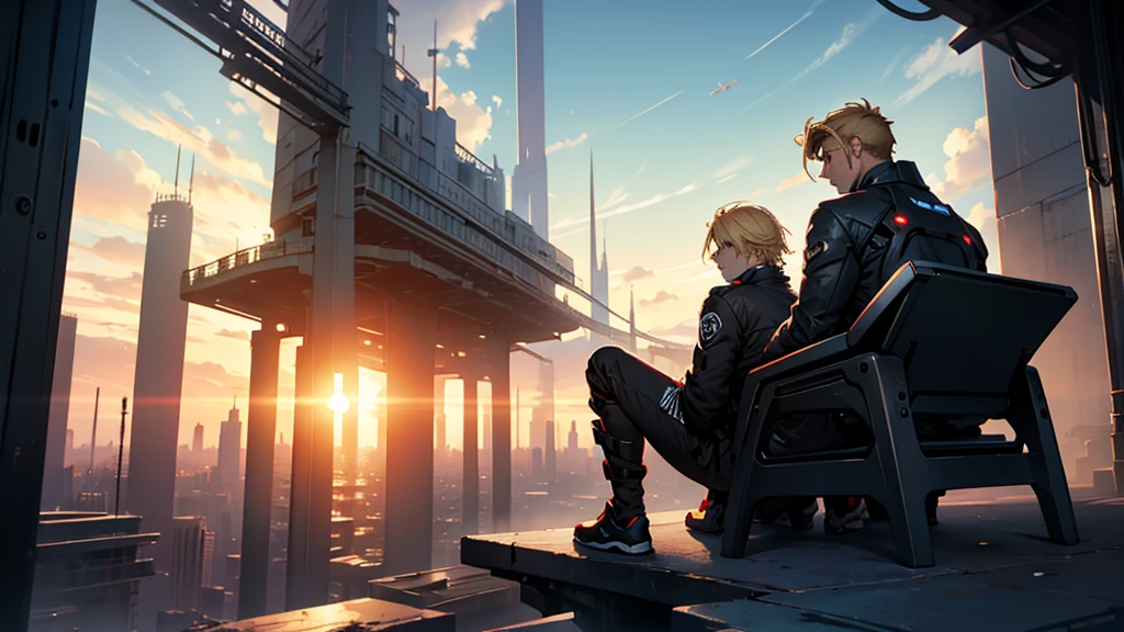 Two men sitting with their backs facing a sunset. The first individual with dark hair and the second individual with blonde hair, both with worn clothes.. in the background a futuristic city.
