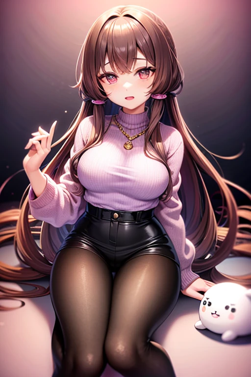 Yuzuki Yukari vocaloid 16 year old girl dark brown hair purple locks open light brown eyes light purple sweater rabbit print light lilac shirt blue jeans long brown boots gold cross necklace purple headband looking directly at viewer on a pink background