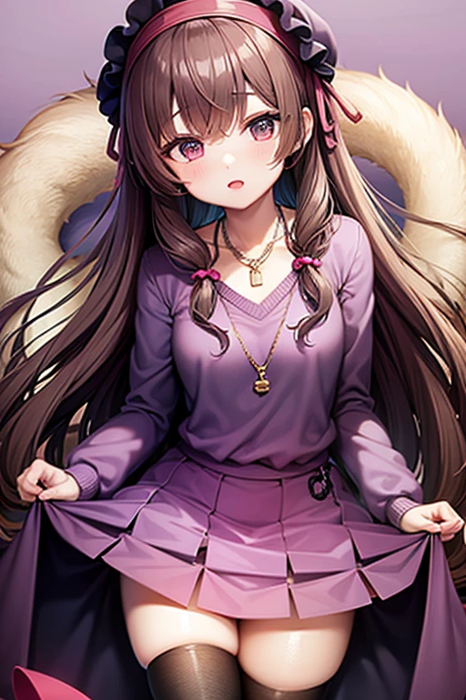 Yuzuki Yukari vocaloid 16 year old girl dark brown hair purple locks open light brown eyes light purple sweater rabbit print light lilac shirt blue jeans long brown boots gold cross necklace purple headband looking directly at viewer on a pink background