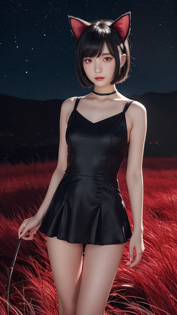 Delicate and dainty young woman with shiny bob-cut black hair and cat ears. She is wearing red fitt bodywear with mini-skirt. The background is a fantastic and ethereal night sky that seems to be haunted by a specter. Her expression is stern and atmospheric. 10 years old