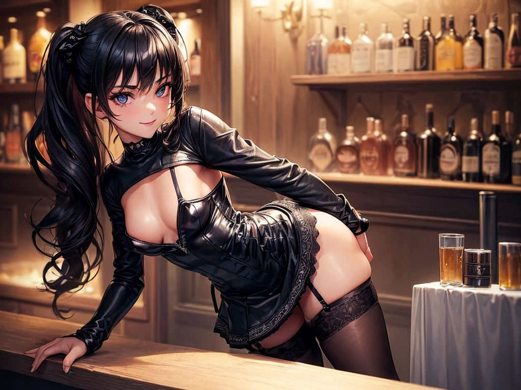 (((top-quality, masterpiece))), (best quality), (detailed), (((one young girl))), (solo girl), (bartender girl), happy, charming, smiling, ((highly detailed beautiful face)), delicate girl, delicate face, dark hair, long hair, poney tail,  bleu eyes, dark look, make up, ((small breasts)), nice hips, flat belly, slim waist, define collarbone, (((sofisticated and detailed black leather dress))), ((sexy dress)), (((black lace stocking))), ((black leather chocker)), standing in front of a bar counter, sexy pose, cinematic shadow, filling beer cup, irish pub atmoshpere, she is leaning against the bar counter, she leans forward, and we can see a large cleavage