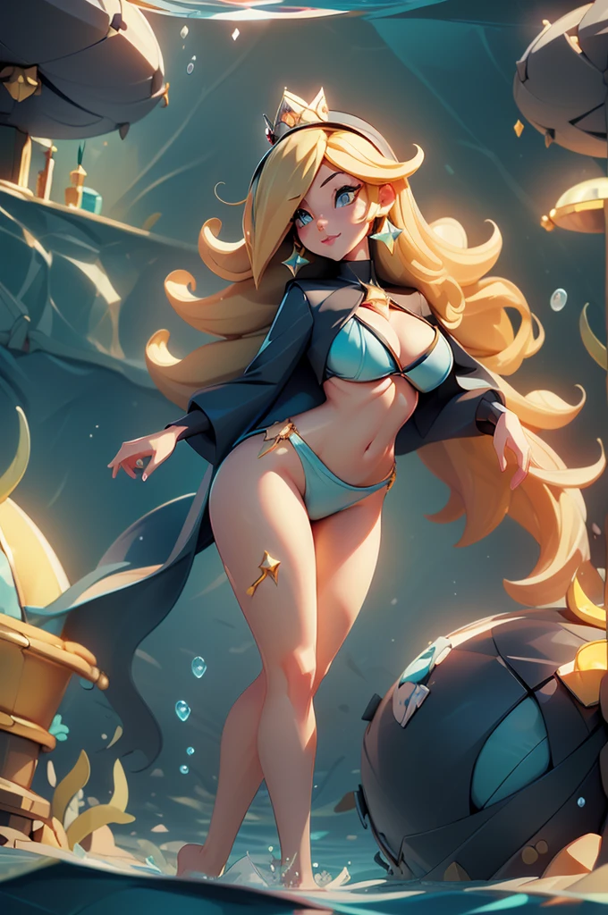 a woman, Rosalina, crown on head, hair over one eye, sexy, sexy eyes, swimming, underwater, cyan bikini, big breasts, big hips, slim waist, smiling, beam of light,
(dark: 1.5), backlit, score_9, score_8_up, score_7_up, score_6_up, score_5_up, score_4_up, parted lips, dramatic lighting, low angle, detailed face, (legs bent), bare feet, underwater scenery, yellow stars, cartoon, disney