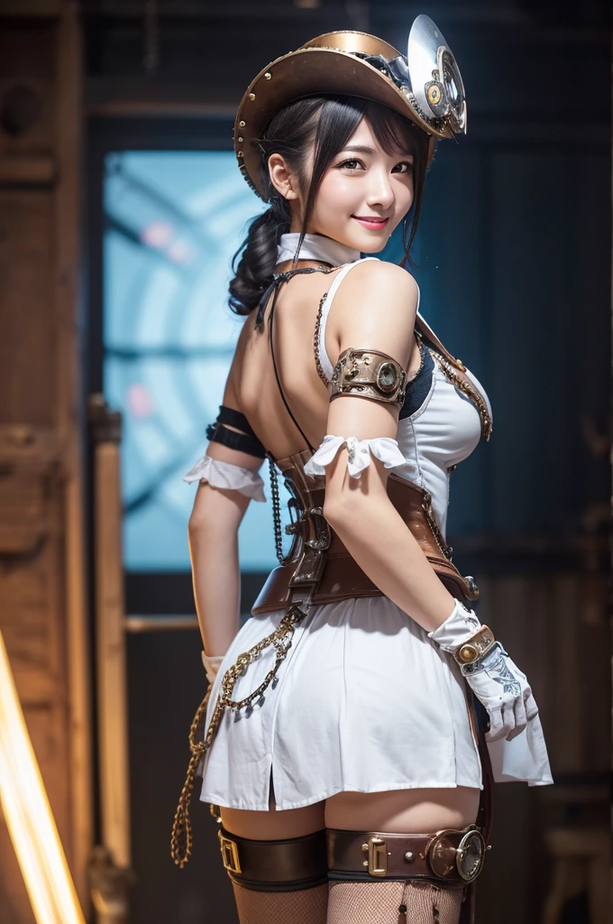 Woman portrait、Highest quality、Rear view、8k,Detailed face, clear, Fine skin、Clear, beautiful eyes、whole body、Curly Hair、My hair was messed up by the wind、The beauty of a smile、(Glamorous Muscle、tall),(Hip_superior, Hip superior), Mature Woman,( Watching the audience),Realistic, High resolution, Soft Light,1 female, alone, Hipアップ, Glowing Skin, (Detailed face), Sexy smile, Perfect Style, Perfect balance,Black hair,ponytail,Naughty look,((Steampunk Japanese Clothes,Mature Woman)),(Red Mecha, High-tech Mecha,Beautiful steampunk cyborg woman,Steampunk Mecha Cyborg Girl,Steampunk light blue and white Japanese clothes,white dress shirt、buttons、Short jeweled tie、Gemstone Helmet,belt steampunk bodystocking,High leg,Lavish decoration,Steampunk dress、gloves,),((arms behind back)),(bokeh),(studio lighting), (Grin)