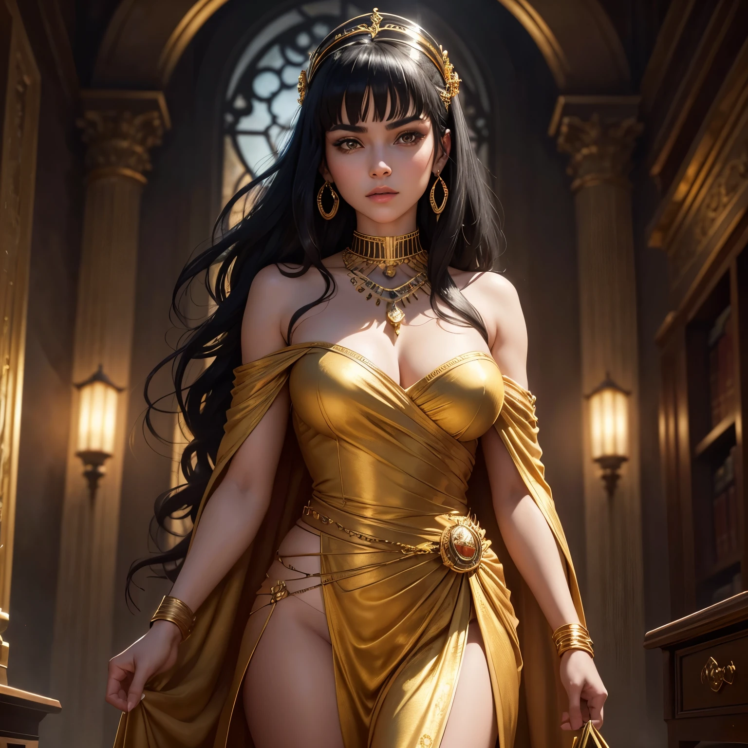 Create a detailed and highly realistic image depicting Aria, a regal 18-year-old woman with straight, jet-black hair styled like Cleopatra, including a distinctive fringe and medium length. She has a perfect face with soft skin, featuring light bronze and golden hues, and wears a luxurious, gold-colored robe. Aria has a menacing and intense expression on her beautiful face. She is adorned with dangling gold earrings and an intricate gold necklace, emphasizing her wealth and status. This scene should be set within a dimly lit library, with Aria overlooking the image, creating a contrast between the dark library and her imposing presence. The entire scene should be in an oil painting style, with an 8k resolution to capture the essence of a masterpiece