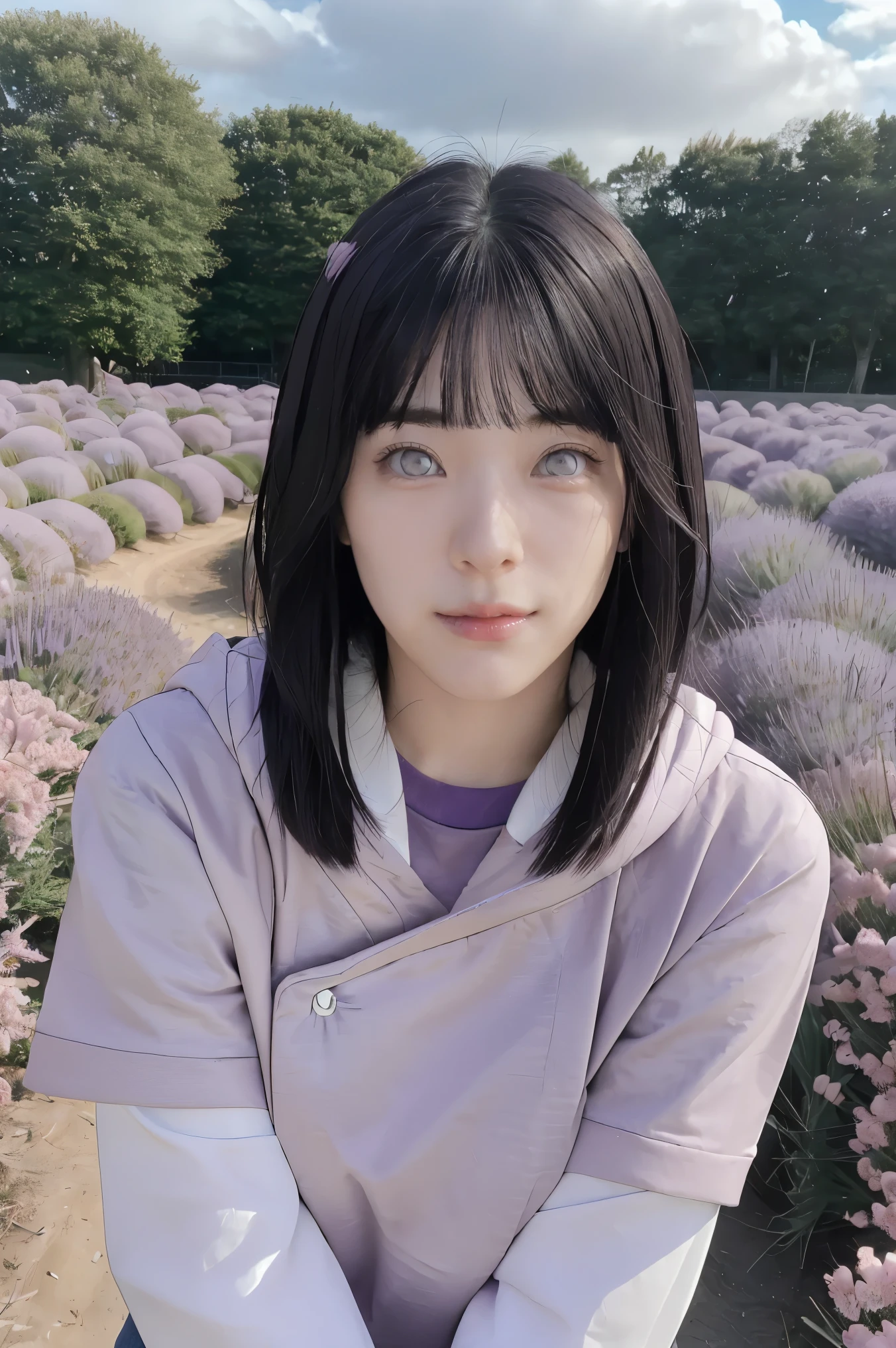 masterpiece, absurdres, hinata\(boruto\), 1girl, solo,mature female, purple hoodie,layered sleeves, brown pants,  outdoors,lavender flower field, looking at viewer, (falling petals), cloudy sky, perfect composition, detailed lips, big breast, beautiful face, body propotion, blush, (pink lips), long hair,  purple eyes,  soft gaze, sad smile,  super realistic, detailed, photoshoot, realistic face and body,  realistic hair, realistic eyes, realistic nose, realistic lips