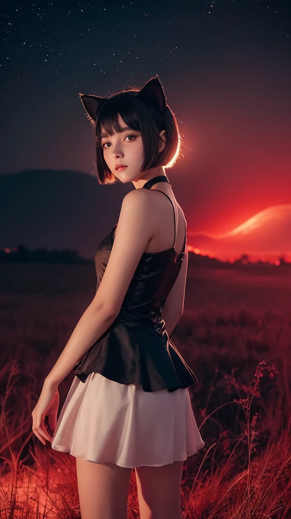 Delicate and dainty young woman with shiny bob-cut black hair and cat ears. She is wearing red only mini-skirt dress. The background is a fantastic and ethereal night sky that seems to be haunted by a specter. Her expression is stern and atmospheric. Angle from directly below