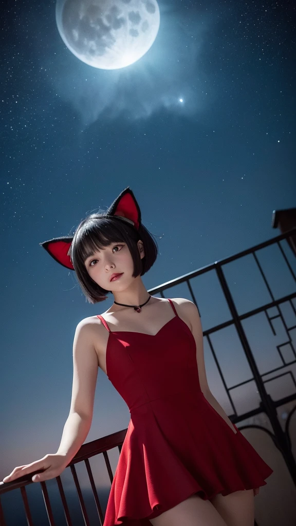 Delicate and dainty young woman with shiny bob-cut black hair and cat ears. She is wearing red wear with mini-skirt. The background is a fantastic and ethereal night sky that seems to be haunted by a specter. Her expression is stern and atmospheric.