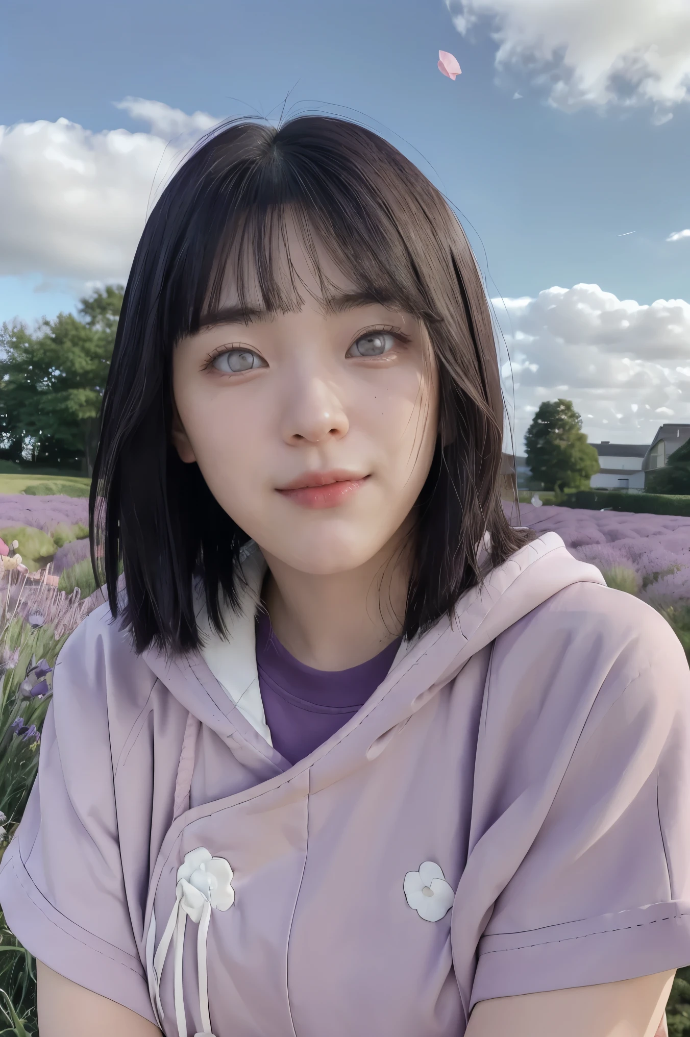 masterpiece, absurdres, hinata\(boruto\), 1girl, solo,mature female, purple hoodie,layered sleeves, brown pants, outdoors,lavender flower field, looking at viewer, (falling petals), cloudy sky, perfect composition, detailed lips, big breast, beautiful face, body propotion, blush, (pink lips), long hair, purple eyes, soft gaze, sad smile, super realistic, detailed, photoshoot, realistic face and body, realistic hair, realistic eyes, realistic nose, realistic lips