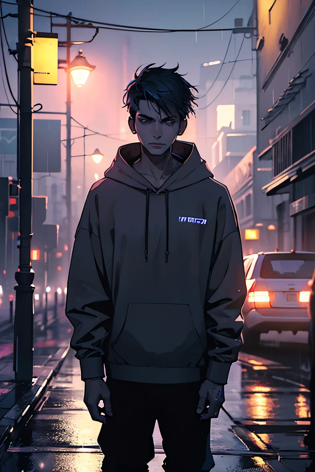 a sad young male rapper wearing a dark hoodie, standing alone at night in the streets of madrid city, wearing headphones, cinematic lighting, highly detailed, 8k, photorealistic, dramatic moody lighting, rain and puddles, neon city lights, reflections, dramatic pose, intense emotional expression, hyper detailed facial features, chiaroscuro lighting, muted color palette,dramatic shadows,moody atmosphere
