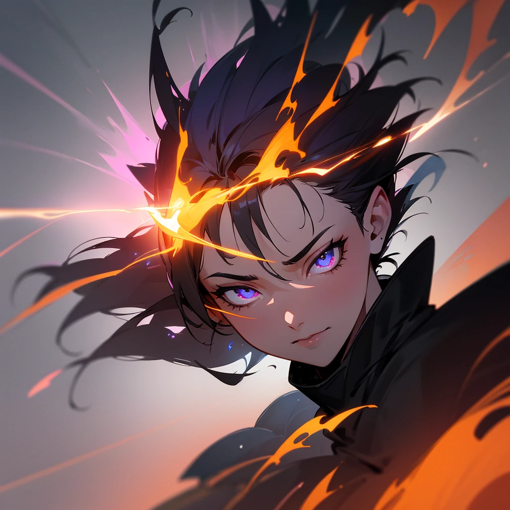 a dynamic character with spiky hair, wearing a black and orange outfit, holding flames in both hands, face obscured by a gray square, vibrant background with shades of pink and purple, blue flame-like element swirling behind the character, (best quality,4k,8k,highres,masterpiece:1.2),ultra-detailed,(realistic,photorealistic,photo-realistic:1.37),extremely detailed eyes and face,longeyelashes,powerful,energetic,dramatic,cinematic lighting,digital painting,concept art