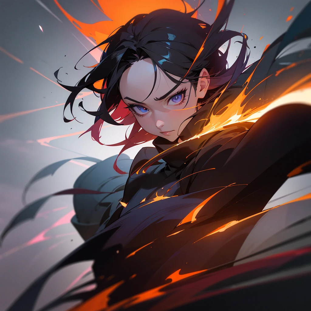 a dynamic character with spiky hair, wearing a black and orange outfit, holding flames in both hands, face obscured by a gray square, vibrant background with shades of pink and purple, blue flame-like element swirling behind the character, (best quality,4k,8k,highres,masterpiece:1.2),ultra-detailed,(realistic,photorealistic,photo-realistic:1.37),extremely detailed eyes and face,longeyelashes,powerful,energetic,dramatic,cinematic lighting,digital painting,concept art