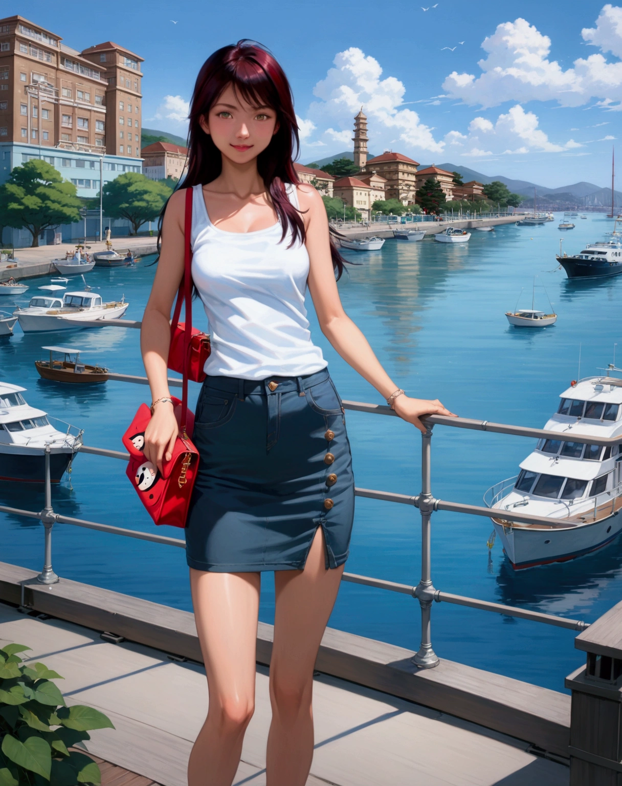 realistic anime of a beautiful woman is standing and looking at viewer at port city, she carrying side red bag, sea and yachts scenery, (she has a black long hair with swept side bangs ), (wearing white tanktop, midnight-blue denim pencil skirt), (1girl, solo, full body), (masterpiece, best quality, expressive eyes, perfect face, japanese anime style)