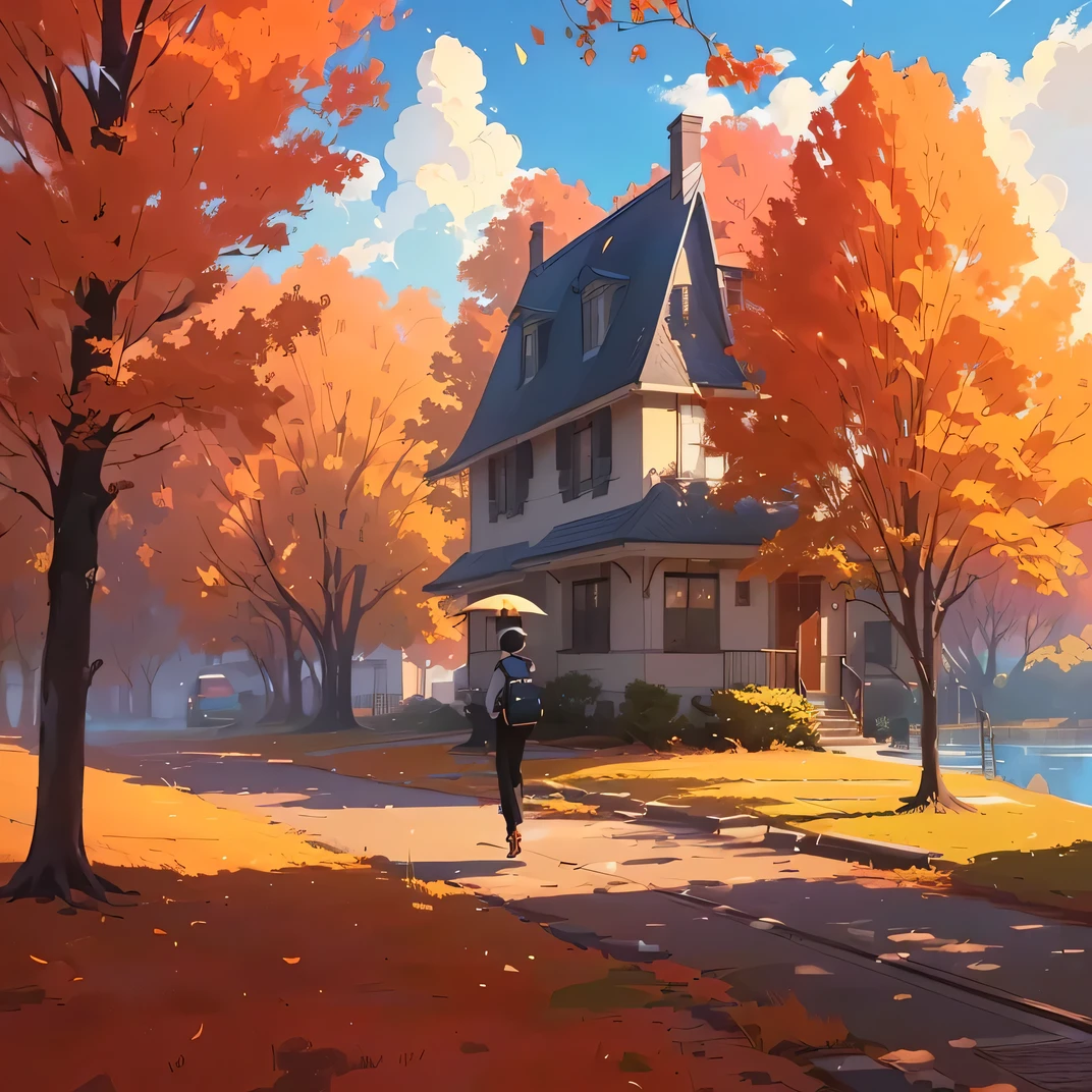 a painting of a person walking down a path in front of a house, by sylvain sarrailh, inspired by Atey Ghailan, in style of atey ghailan, by Atey Ghailan, ross tran. scenic background, atey ghailan 8 k, by Goro Fujita, inspired by sylvain sarrailh, anime background art