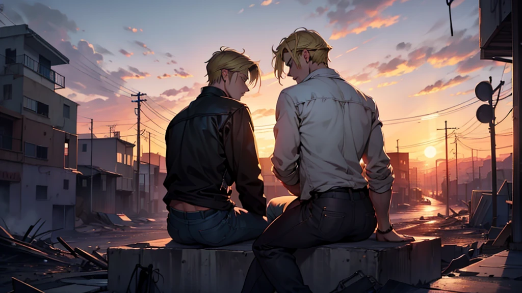 Two men sitting with their backs facing a sunset. The first individual with dark hair and the second individual with blonde hair, both with worn clothes.. In the background a desolate city in poor condition