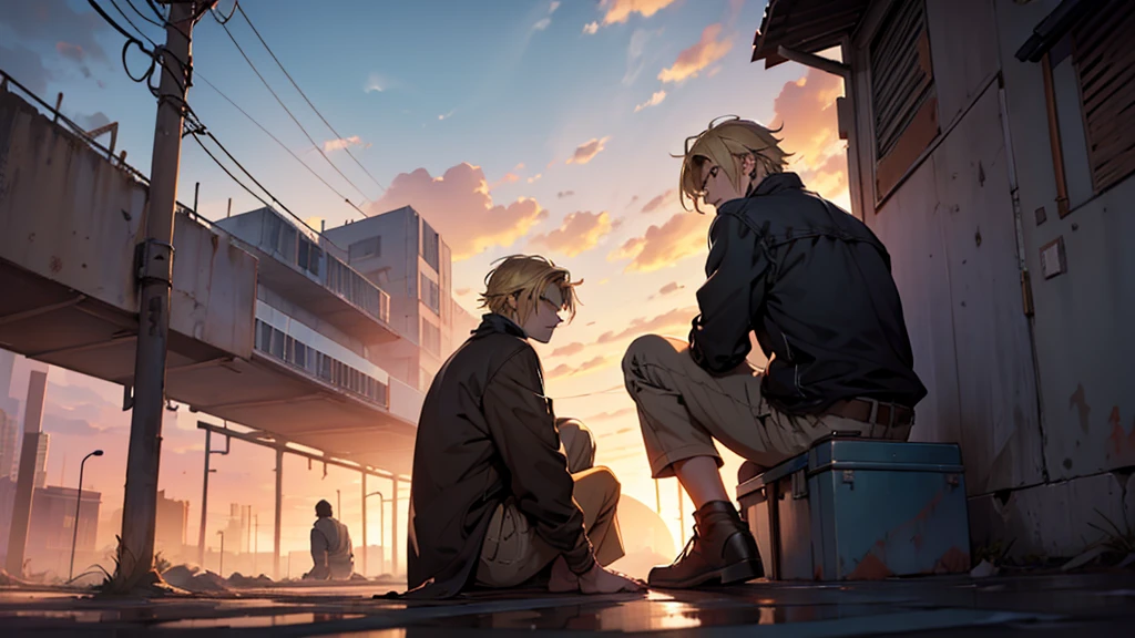 Two men sitting with their backs facing a sunset. The first individual with dark hair and the second individual with blonde hair, both with worn clothes.. In the background a desolate city in poor condition