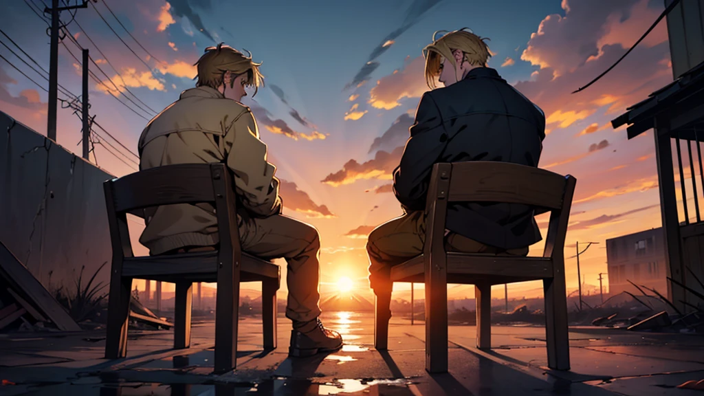 Two men sitting with their backs facing a sunset. The first individual with dark hair and the second individual with blonde hair, both with worn clothes.. In the background a desolate city in poor condition