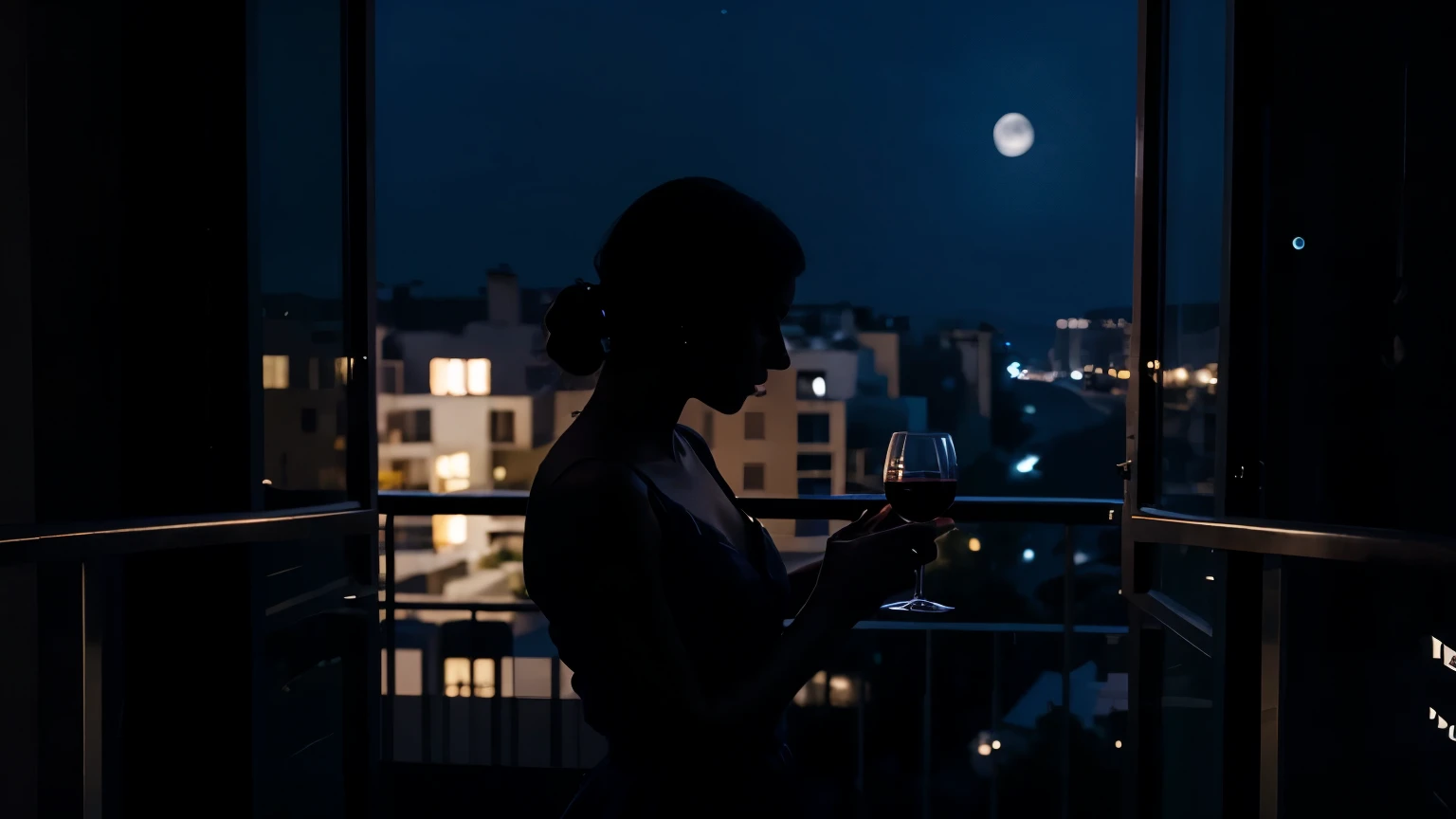 night scene, fancy Balcony, moonlight, silhouette of a woman in nighty holding glass of wine looking out into moonlight.
