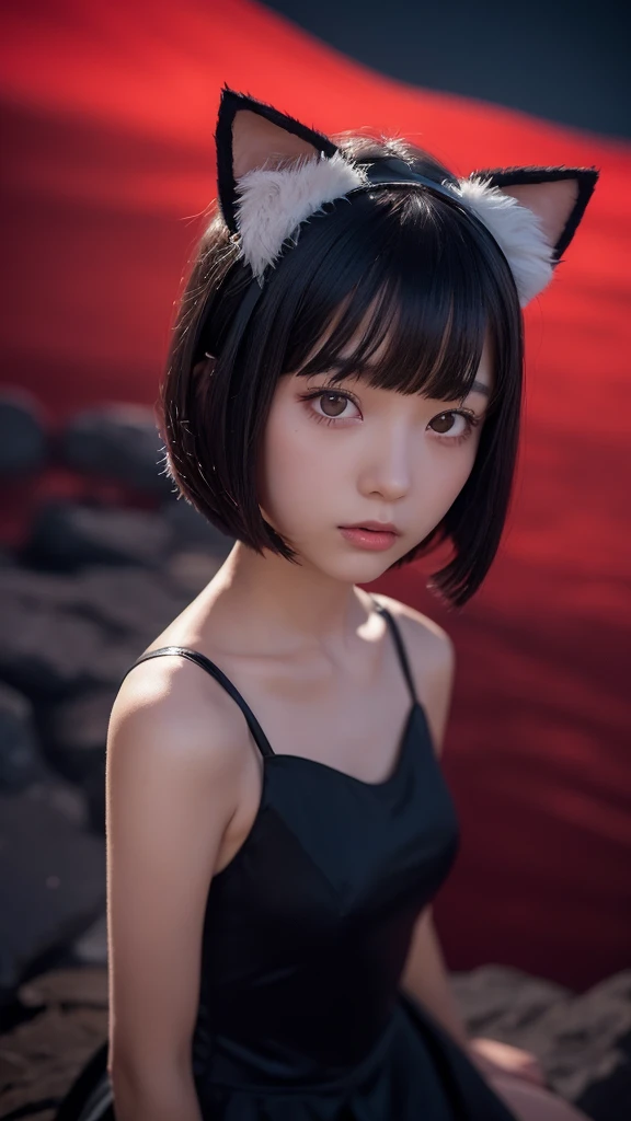 Delicate and dainty young woman with shiny bob-cut black hair and cat ears. She is wearing red only  mini-skirt one-piece dress. The background is a fantastic and ethereal night sky that seems to be haunted by a specter. Her expression is stern and atmospheric. Angle from directly below, 