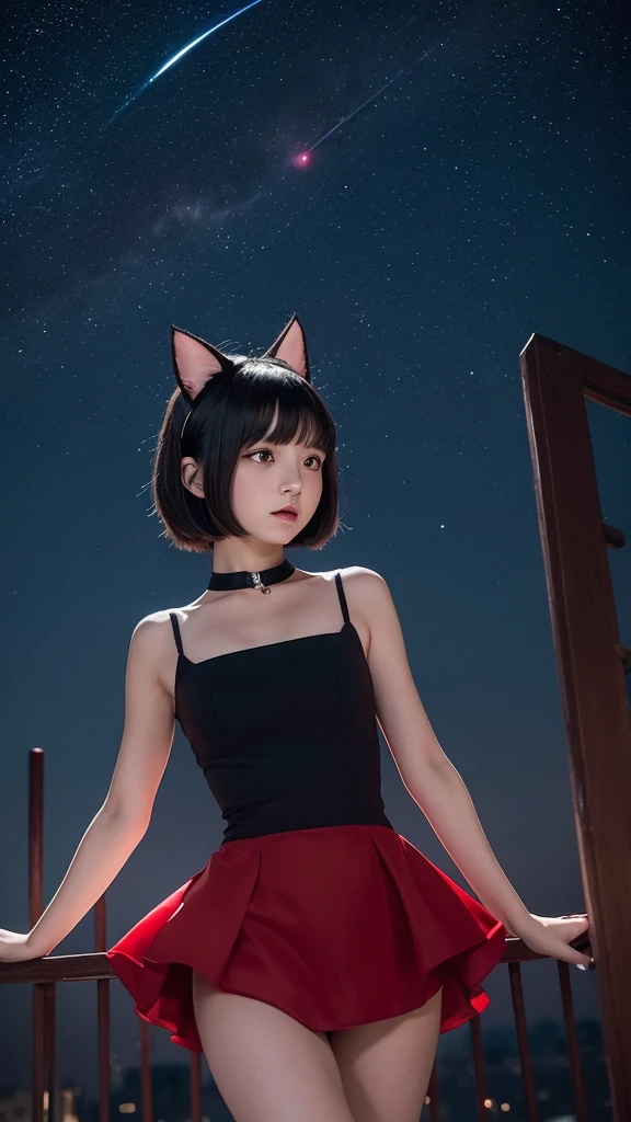 Delicate and dainty young woman with shiny bob-cut black hair and cat ears. She is wearing red only  mini-skirt one-piece dress. The background is a fantastic and ethereal night sky that seems to be haunted by a specter. Her expression is stern and atmospheric. Angle from directly below, 12 years old