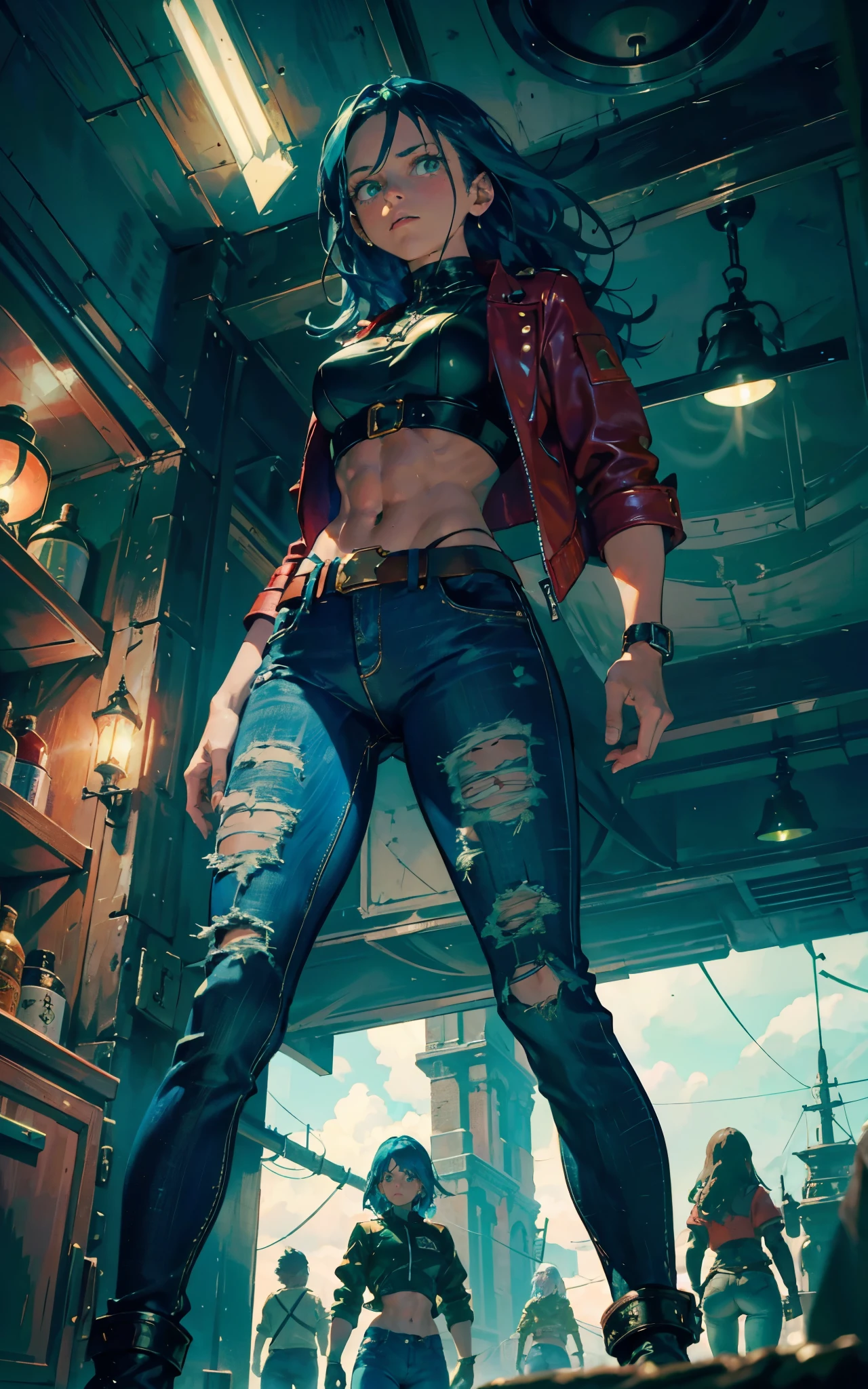 (Alicia Vikander:Evangeline Lilly), green light, glowing eyes, pov below, wind,, masterpiece, best quality, 1girl, cool, serious, medium breasts, long hair, blue  hair, red leather jacket, crop top, tight jeans, green eyes, abs