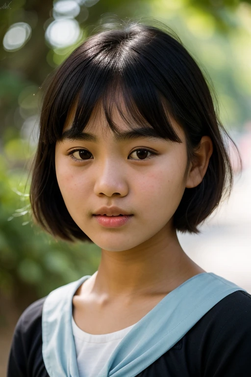 A picture of a girl's face. Burmese girl. Specifically 18 years old. (one girl) round and black eyes. short hair with bangs for round faces. round shaped face. bow shaped lip. monoid eye. soft arch style of eyebrows. Burmese girl's skin. detailed organs. showing irritable feeling. the best photography. 4k results. Excellent work.