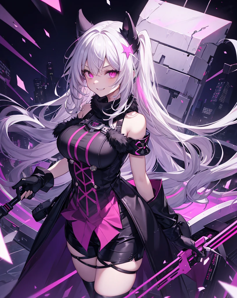 1girl, cat ears, neko ears, She's falling from a skyscraper.falling down.Fall. shot from the above. Tilt shot. solo, sharp_teeth, teeth, hood, pink_eyes, open_mouth, horns, smile, long_hair, ring, hood_up, gloves, looking_at_viewer, black_gloves, glowing_eyes, jewelry, fur_trim, glowing, hair_between_eyes, fingerless_gloves, building, grey_hair, (neon), (evil smile:1.4), evil . Cute smile with vampire canines, fox tail. Very Dynamic and cinematographic shot,8k.
Bare shoulders, sexy shorts, she's flirting.