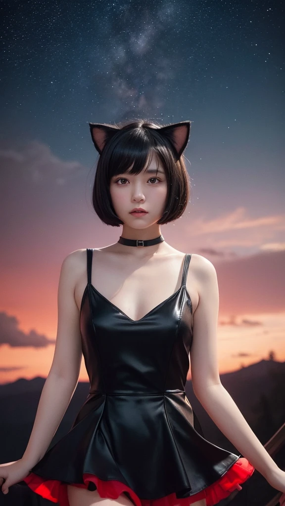 Delicate and dainty young woman with shiny bob-cut black hair and cat ears. She is wearing red only  mini-skirt one-piece dress. The background is a fantastic and ethereal night sky that seems to be haunted by a specter. Her expression is stern and atmospheric. Angle from directly below, 