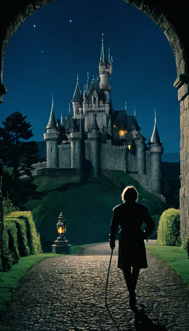 Belmont holding a steel whip walking to the castle entrance, looking at the castle at night, 1970s Dark Fantasy film.