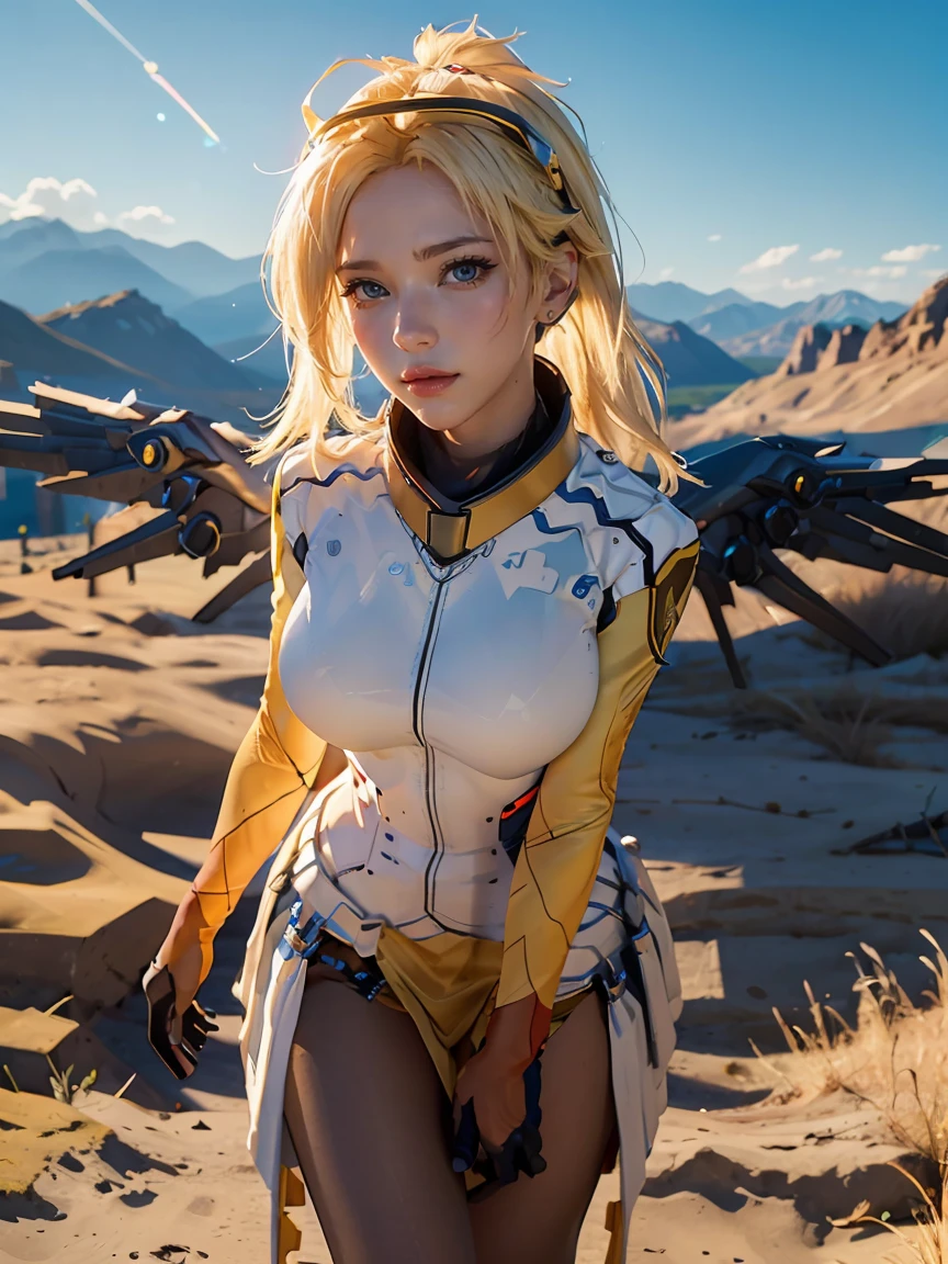 1girl, solo, mercy (overwatch), mechanical halo, breasts, blue eyes, blonde hair, pantyhose, mechanical wings, wings, halo,  holding, bodysuit,  yellow wings, brown pantyhose, lips, gloves, pelvic curtain, black gloves, big breast, full body, blue sky, green field with mountains, (realism:1.2), (masterpiece:1.2), (best quality), (ultra detailed), (8k, intricate), (85mm), light particles, lighting, (highly detailed:1.2), (detailed face:1.5), (gradients), sfw, colorful, (detailed eyes:1.2), (detailed background), (rule of third_composition:1.3), (Line of action:1.2), wide shot, daytlight, solo.