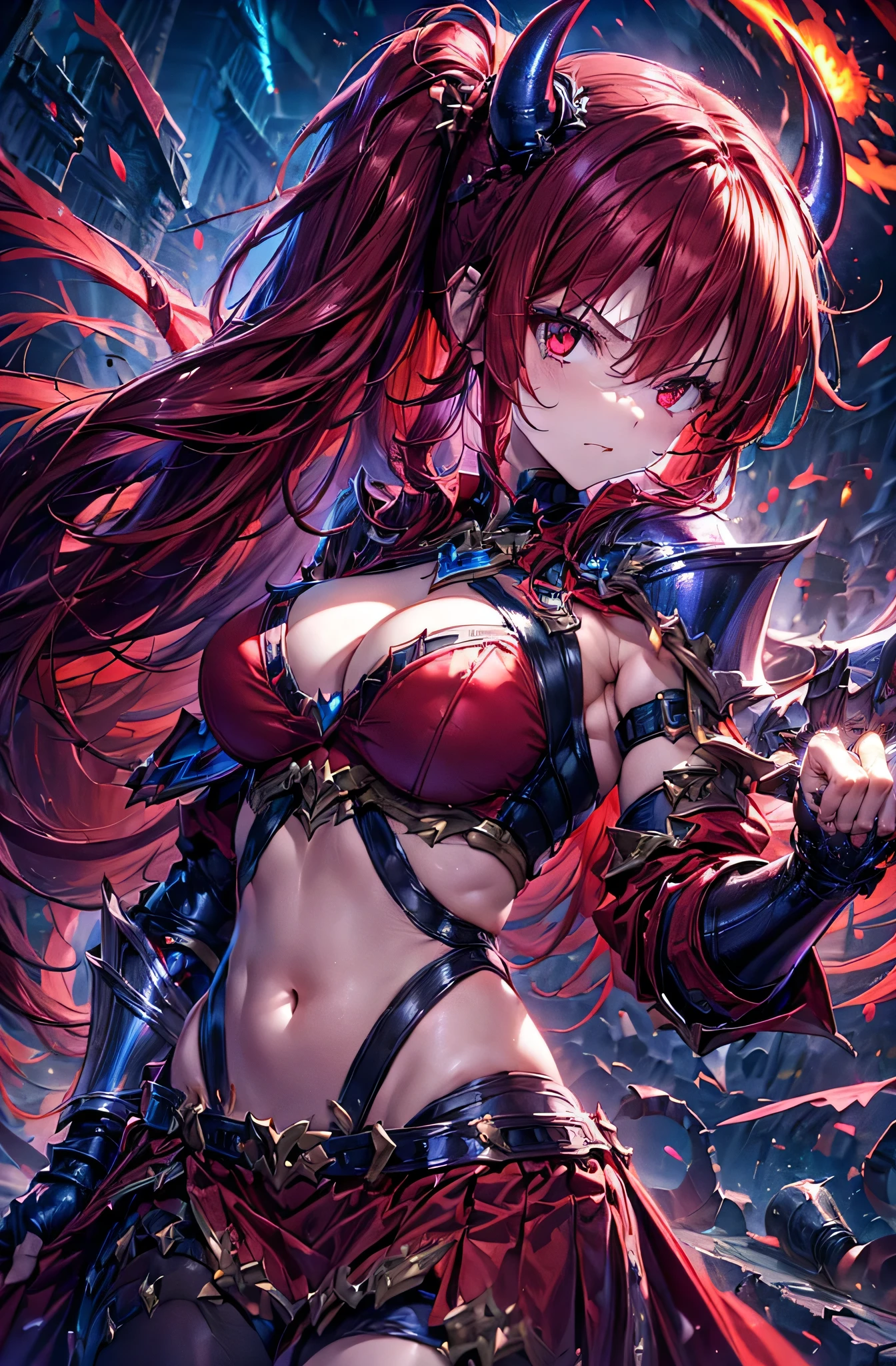((Devil Princess))Dark shiny red hair、((Left side ponytail))、red eyes、(Soft Breastedium breast))、(Evil Boxer)、Gauntlet、Light purple clothes、skirt、(Increased hand confidence)