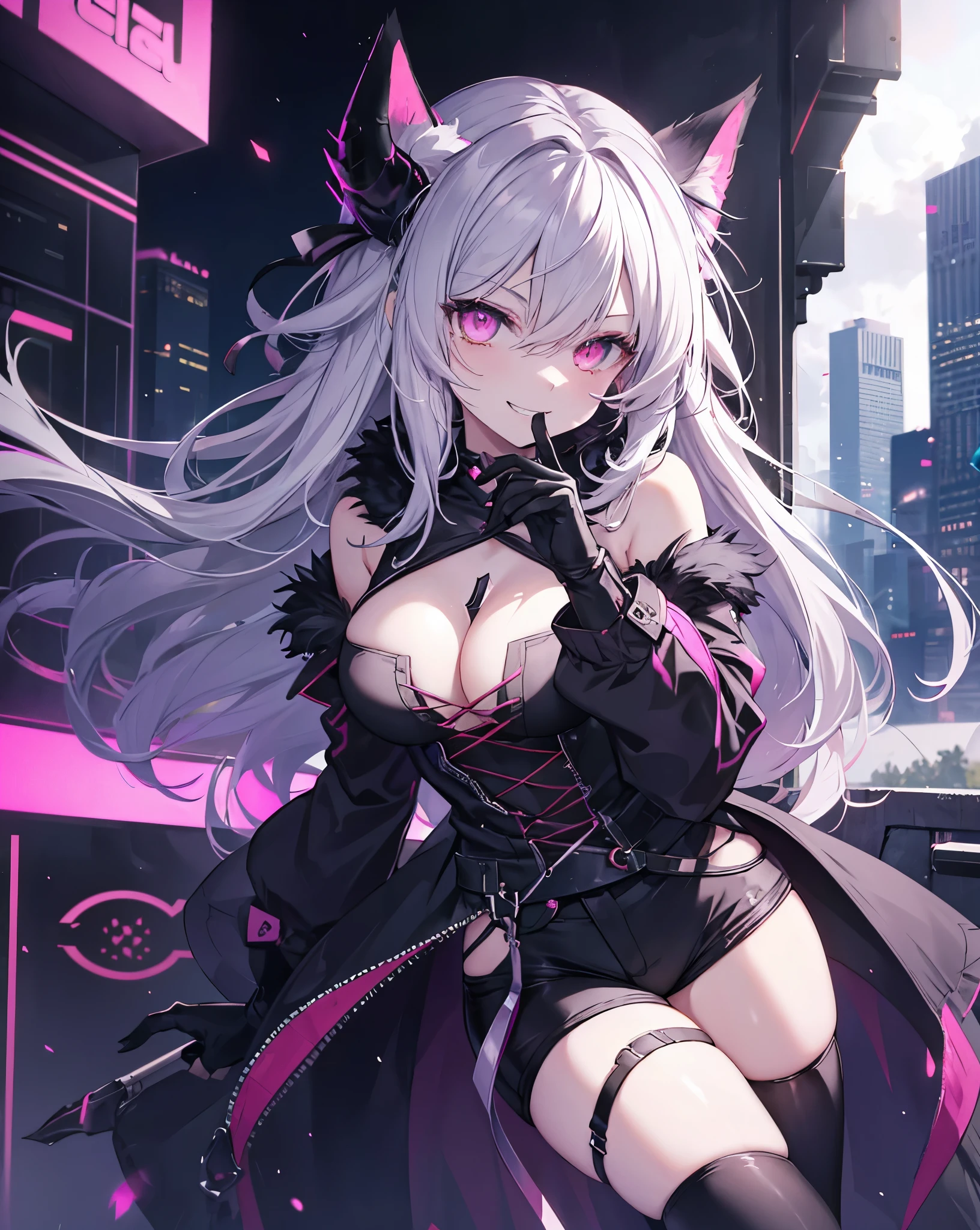 1girl, cat ears, neko ears, She's falling from a skyscraper.falling down.Fall. shot from the above. Tilt shot. solo, sharp_teeth, teeth, hood, pink_eyes, open_mouth, horns, smile, long_hair, ring, hood_up, gloves, looking_at_viewer, black_gloves, glowing_eyes, jewelry, fur_trim, glowing, hair_between_eyes, fingerless_gloves, building, grey_hair, (neon), (evil smile:1.4), evil . Cute smile with vampire canines, fox tail. Very Dynamic and cinematographic shot,8k.
Bare shoulders, sexy shorts, she's flirting.