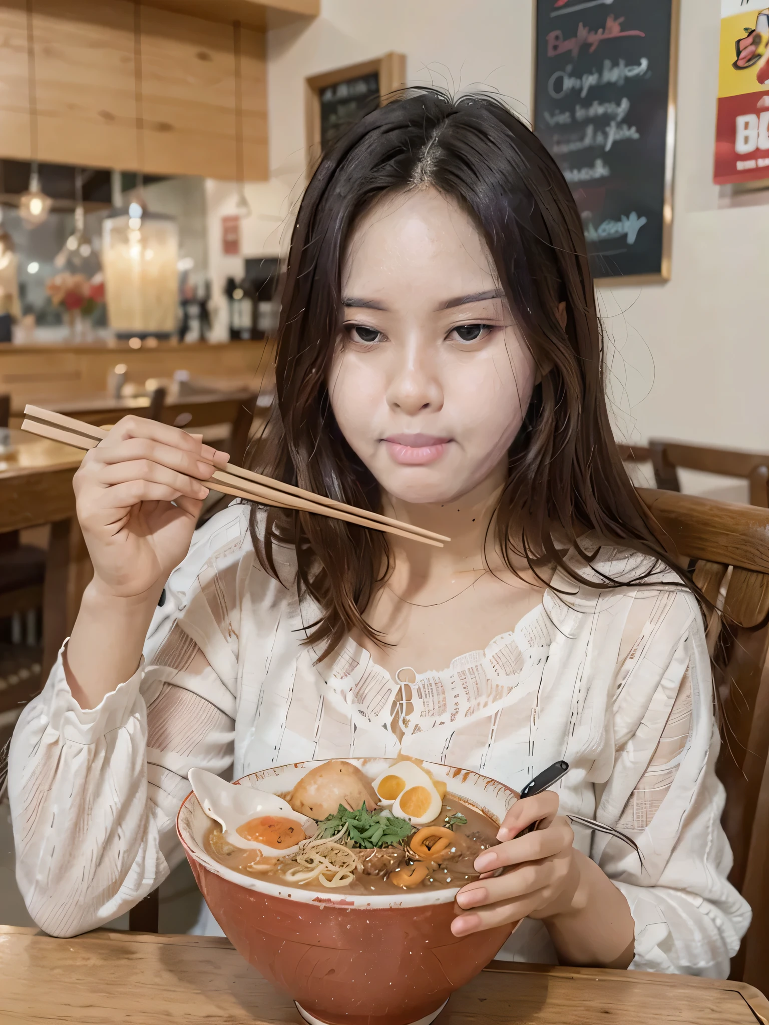best quality, 8k, half body view, very delicate and beautiful, pretty lady MoonLay, innocent big smile, cute face, cute pose, red glossy lips, elegantly and relaxedly pulling up ramen noodle from large bowl, noodle with chopsticks, holding chopsticks, wearing elegant and stylish off-shoulder dress, in luxury restaurant, cinematic enhance HDR portrait glow lighting, perfect anatomy, cannon mark v, DSLR quality, perfect anatomy, perfect hand with chopsticks holding noodle, not eating noodle, perfect hands, perfect chopsticks,