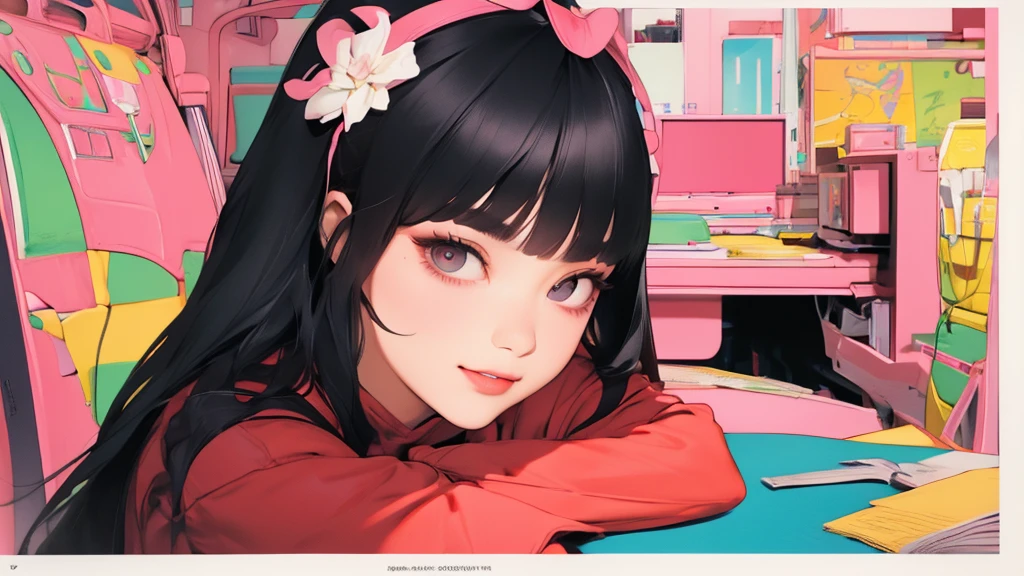 (Masterpiece, best quality), beautiful woman,black hair,pinch, asymmetrical bangs, bare chest, perfect face, beautiful face, draw, beautiful big eyes, big breasts, smile, perfect body,sit,chair,Deluxe bedroom, Bright colors, (3D image)