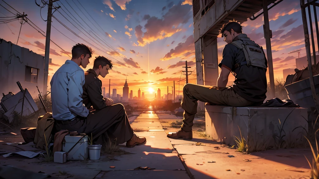 Two men sitting with their backs facing a sunset. In the background a desolate and abandoned city.