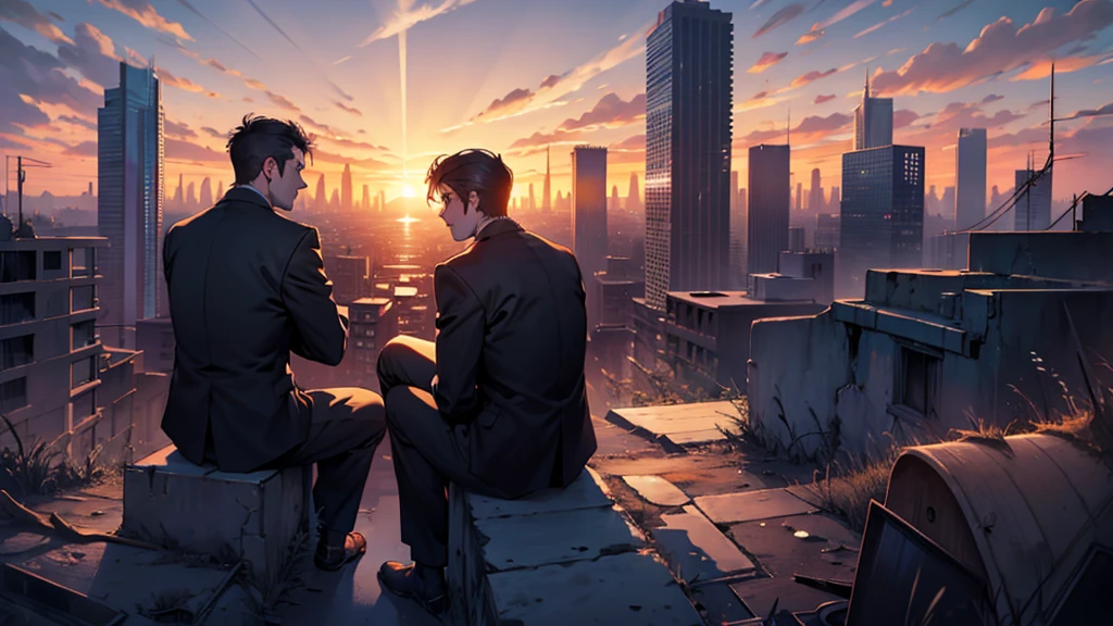 Two men sitting with their backs facing a sunset. In the background a desolate and abandoned city.