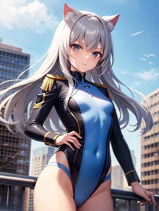 fly in the sky,superpower,Cat ear,Gray Hair,Young Girl,Small breasts,Combat Uniform,Harmony,Long Hair,Buildings