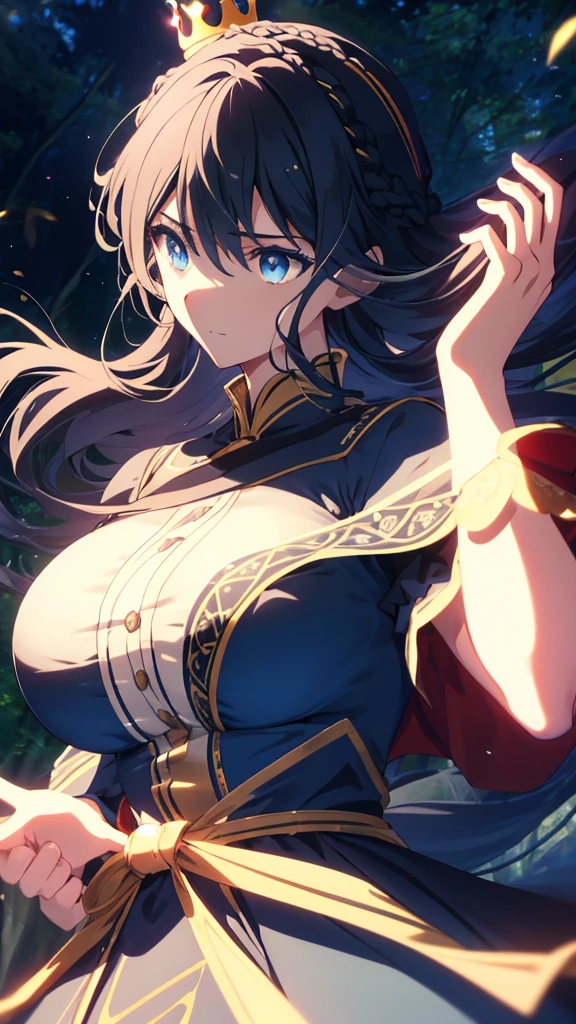 best quality, extremely detailed,anime style girl,long hair down to the waist, straight hair, ((dark black hair with bluish)),((crown braid)),ponybun,beautiful detailed eyes, pinched eyes, (dark blue eyes),((huge breasts)),curvy,((((princess dress)))),coat,Fine decoration,clothing with complex patterns,((Detailed background)),((dynamic angle)),((Comfortable posture)),light smile,forest bathing, river, in the woods, summer,