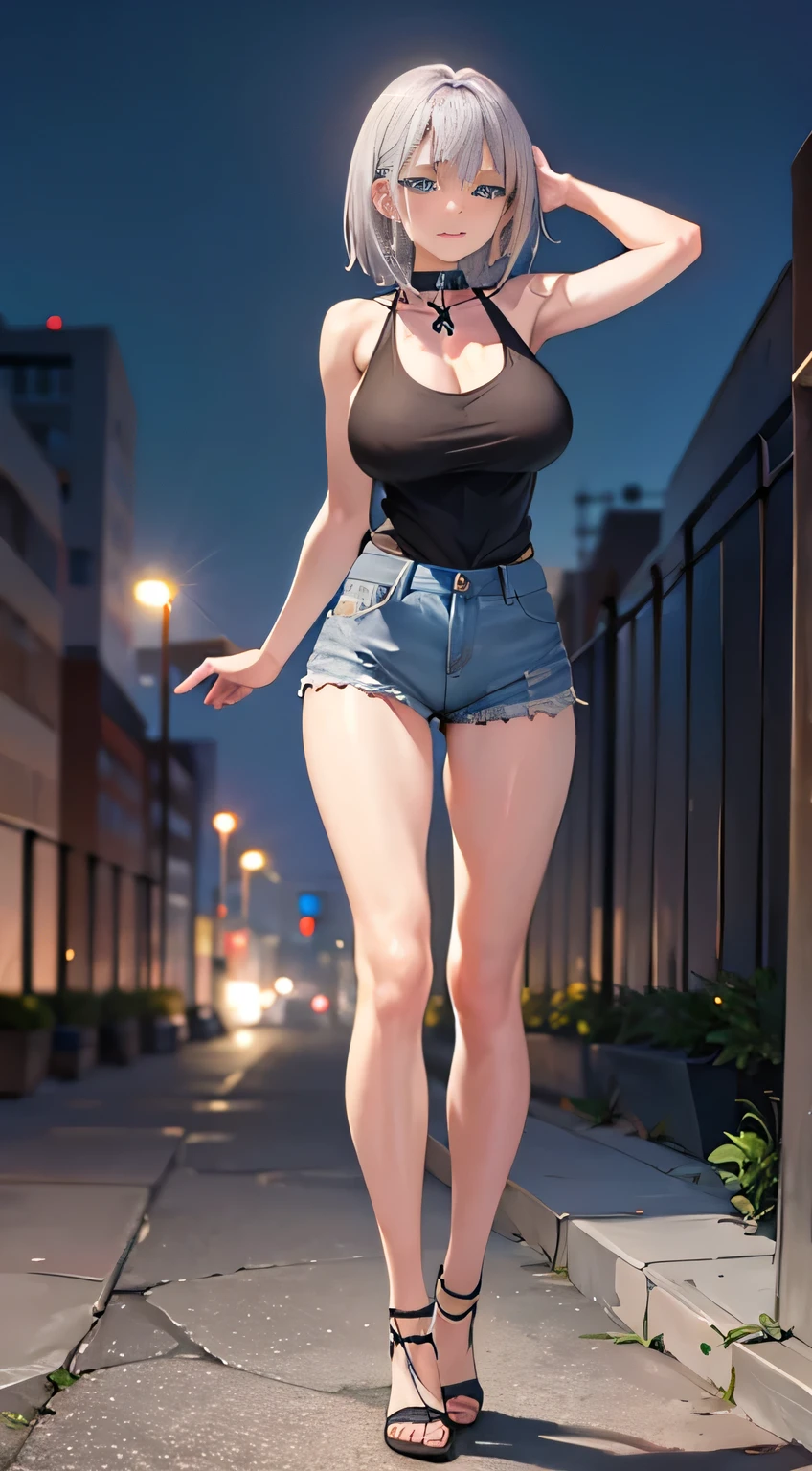 girl，Young，、teenager、（masterpiece，Highest quality），Street，Dark skin，(Brown Skin)、Completely naked，Bare shoulders、Gal、Blonde、passionate、Medium ponytail、(Underboob)，Big Breasts，Cleavage，(stomach)，Black mini tube top、looking at the camera、barefoot、Very short denim shorts，(Ultra Micro Shorts)，Strong winds、No underwear、The skirt is blown up by the wind、solo、Are standing、barefoot、City