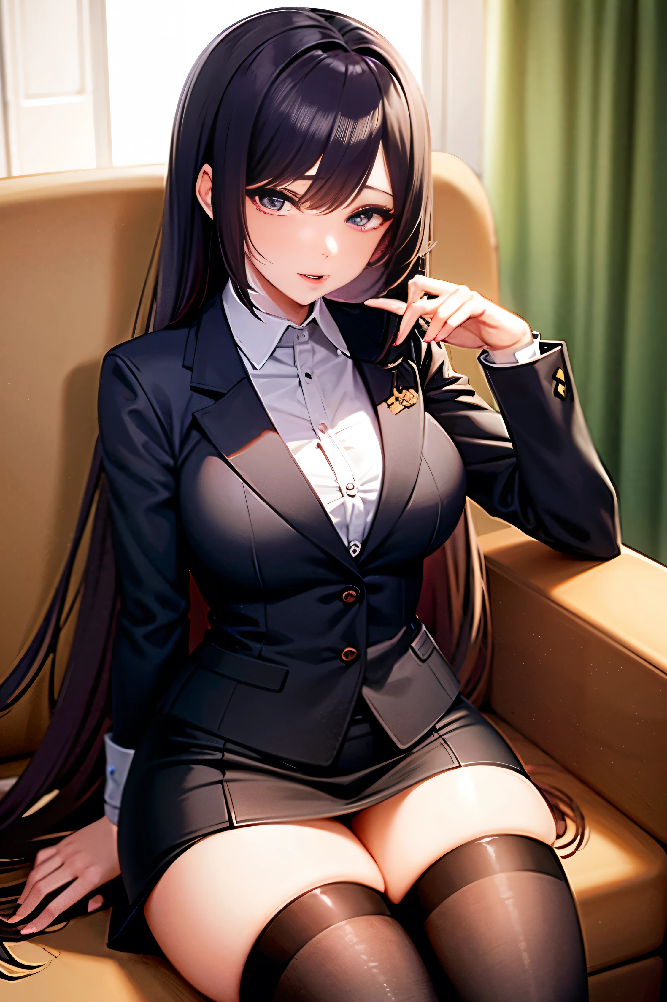 The image depicts a female animated character with elegant and striking features. She wears an japanese blazer, with an small skirt and black thighs stockings. She has an busty chest, with little of her cleavage showing through her uniform. Her eyes is black and narrow, usually in an annoyed expression. Her pretty lips are delicate, as well as her porcelain pale skin. Her totally red crimson hair is long, with gloomy bangs that partially cover her left eye, kept loose.. She is sitting in a school chair, with plump thighs showing on her seat.