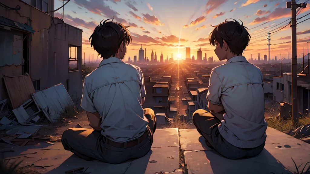 Two children sitting with their backs facing a sunset. In the background a desolate and abandoned city.