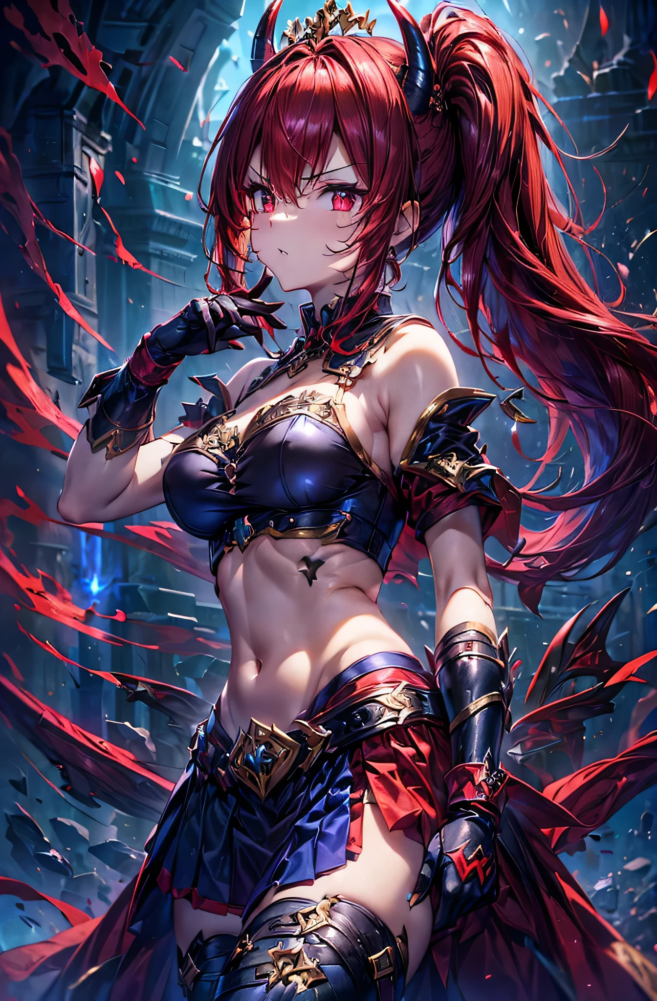 ((Devil Princess))Dark shiny red hair、((Left side ponytail))、red eyes、(Soft Breastedium breast))、(Evil Boxer)、((Gloves in sleek black and gold))、(Light purple clothes)、(Navy Blue Skirt)、((Increased hand confidence))